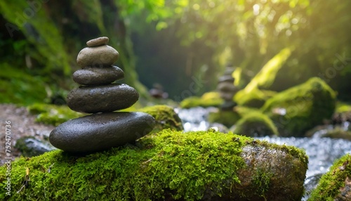 Balanced Rock Zen Stack. Stack of zen stones on nature background. Stones balanced on top of each other on the stone with moss 