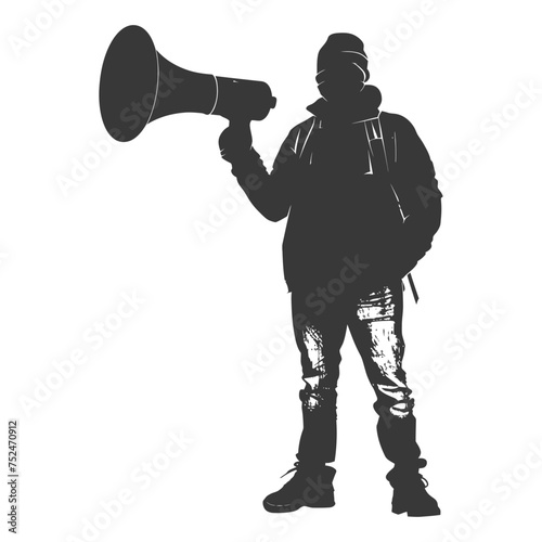 Silhouette demonstrators holding loudspeaker alone black color only