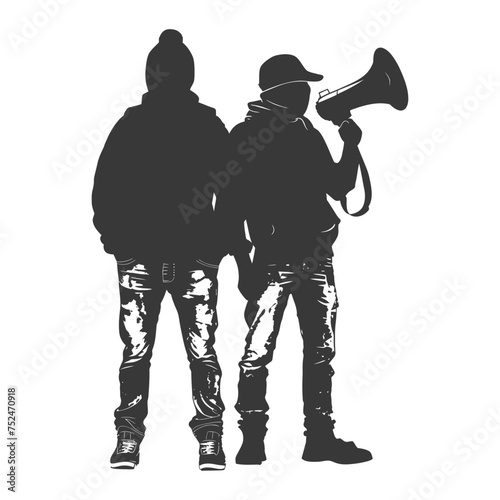 Silhouette demonstrators holding loudspeaker alone black color only