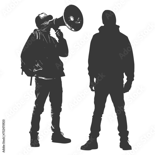 Silhouette demonstrators holding loudspeaker alone black color only