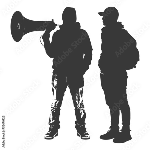 Silhouette demonstrators holding loudspeaker alone black color only