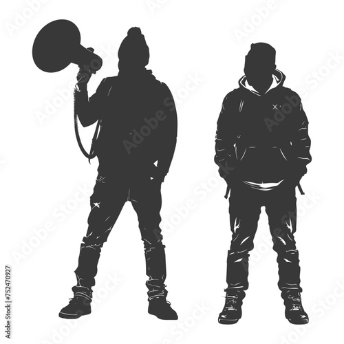Silhouette demonstrators holding loudspeaker alone black color only