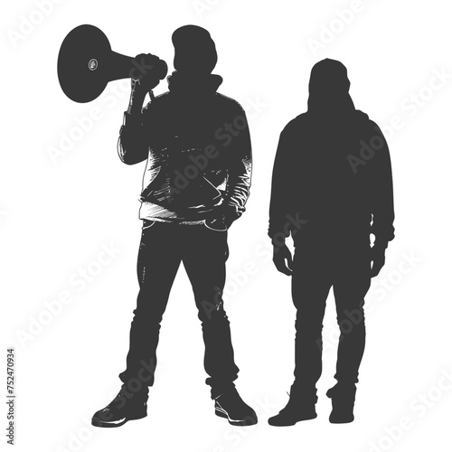 Silhouette demonstrators holding loudspeaker alone black color only