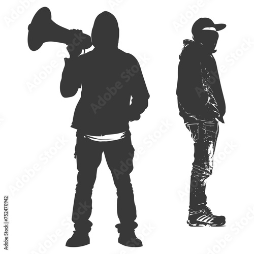 Silhouette demonstrators holding loudspeaker alone black color only