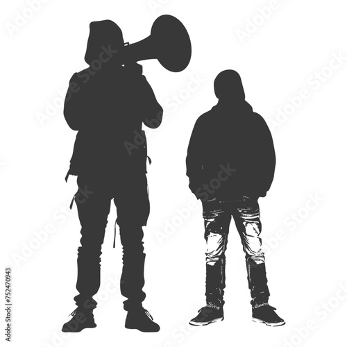 Silhouette demonstrators holding loudspeaker alone black color only