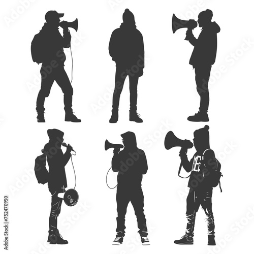 Silhouette demonstrators holding loudspeaker alone black color only
