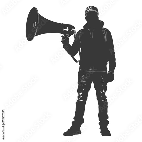 Silhouette demonstrators holding loudspeaker alone black color only
