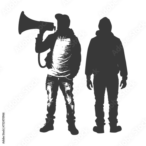 Silhouette demonstrators holding loudspeaker alone black color only