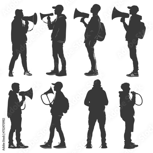 Silhouette demonstrators holding loudspeaker alone black color only