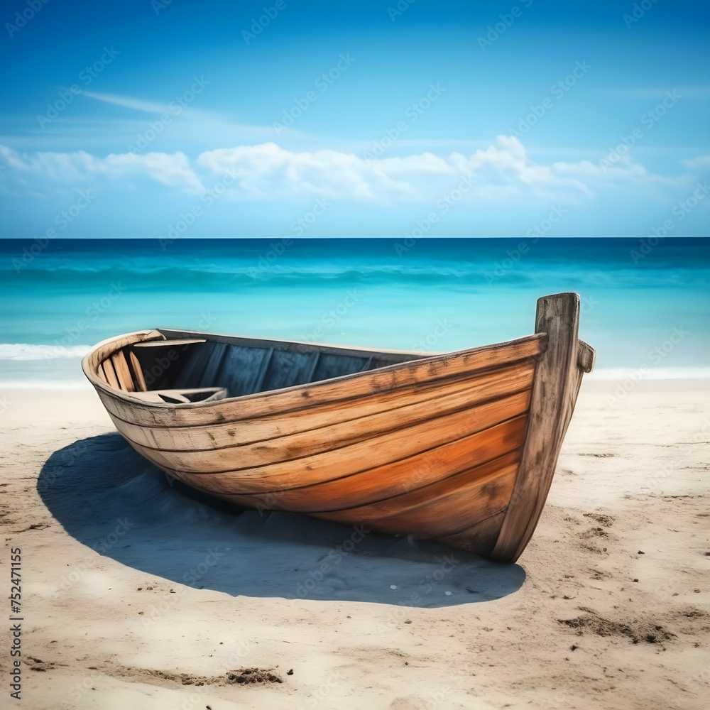 Serene Fishing Boat Quietly Rests on a Peaceful Seashore at Sunset