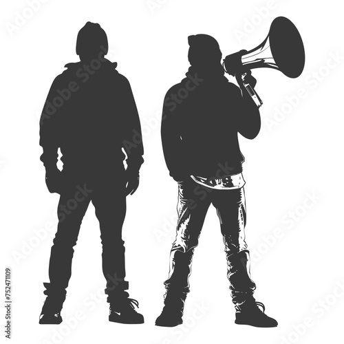 Silhouette demonstrators holding loudspeaker alone black color only