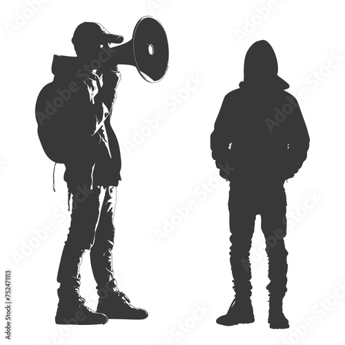 Silhouette demonstrators holding loudspeaker alone black color only