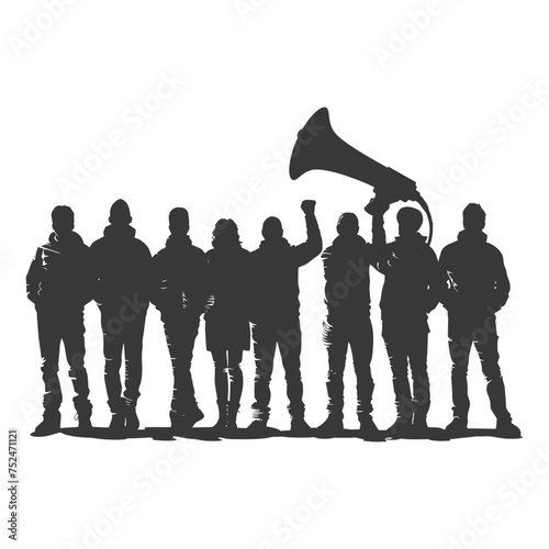 Silhouette demonstrators holding loudspeaker alone black color only