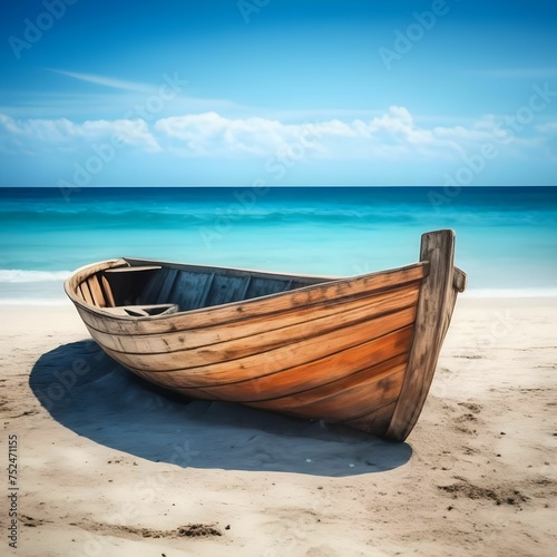 Serene Fishing Boat Quietly Rests on a Peaceful Seashore at Sunset