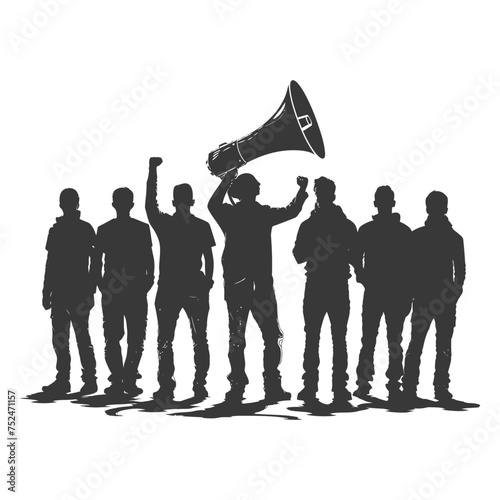 Silhouette demonstrators holding loudspeaker alone black color only