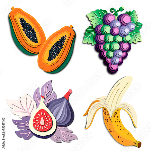 Collection cartoon fruits in layer paper cut style isolated on white background. Banana  papaya  grape and figs fruit. 