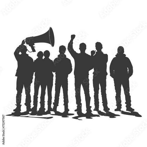 Silhouette demonstrators holding loudspeaker alone black color only