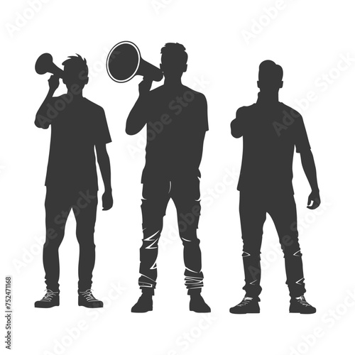 Silhouette demonstrators holding loudspeaker alone black color only