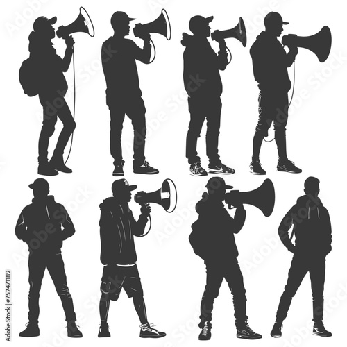 Silhouette demonstrators holding loudspeaker alone black color only