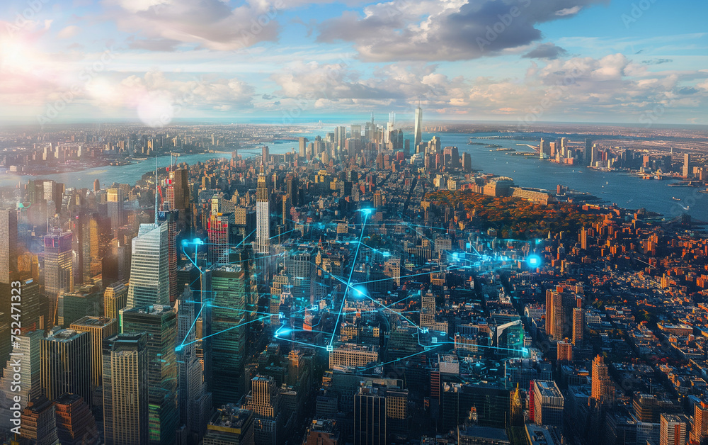 Aerial helicopter city view of Upper Manhattan, Midtown and Downtown. Health care digital medicine hologram. 