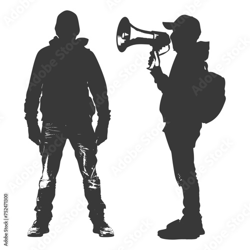 Silhouette demonstrators holding loudspeaker alone black color only