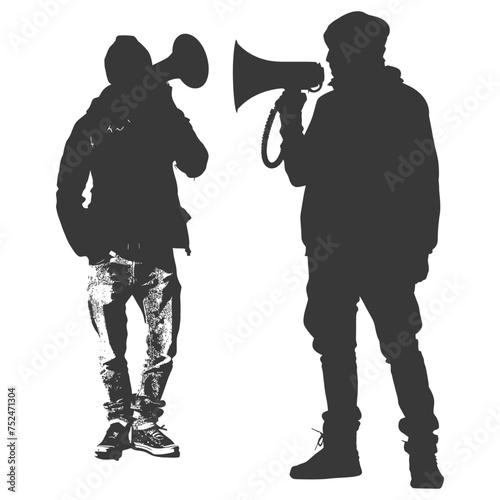 Silhouette demonstrators holding loudspeaker alone black color only