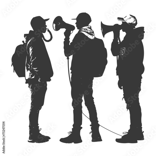 Silhouette demonstrators holding loudspeaker alone black color only