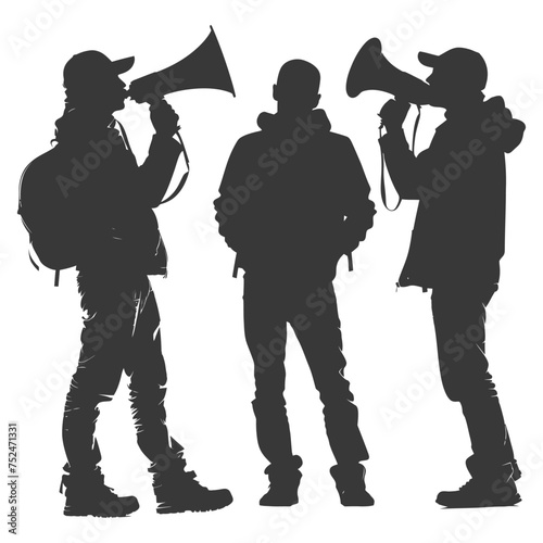 Silhouette demonstrators holding loudspeaker alone black color only