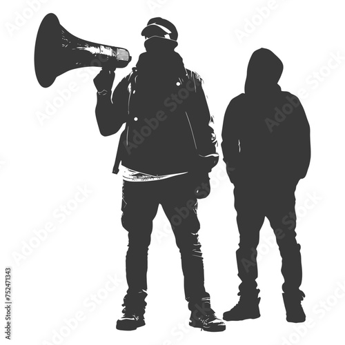 Silhouette demonstrators holding loudspeaker alone black color only