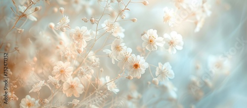 Serenity in nature: Beautiful white flowers blooming on a tranquil blue backdrop