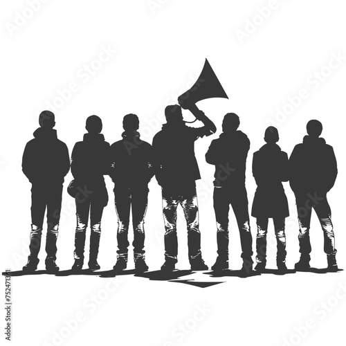 Silhouette demonstrators holding loudspeaker alone black color only