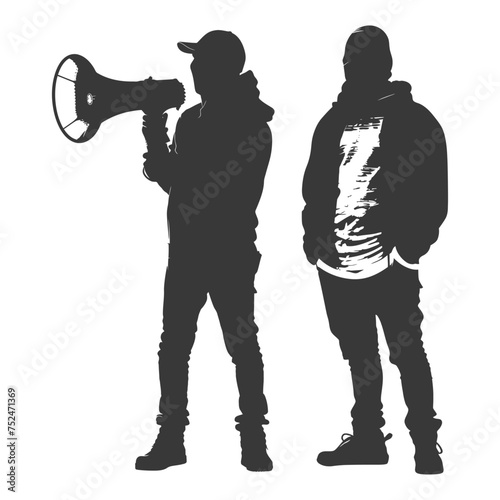 Silhouette demonstrators holding loudspeaker alone black color only