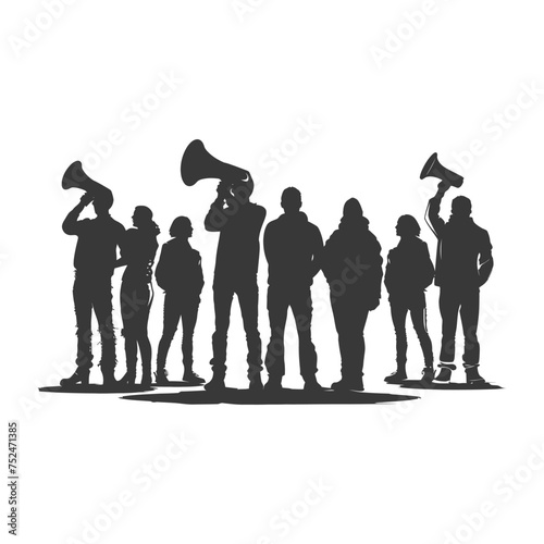 Silhouette demonstrators holding loudspeaker alone black color only