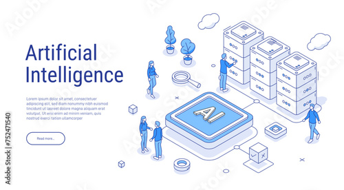 Artificial intelligence chip or processor. Isometric illustration in outline style. Chatbot or AI to help with work. Modern technology. Little people in the background of servers