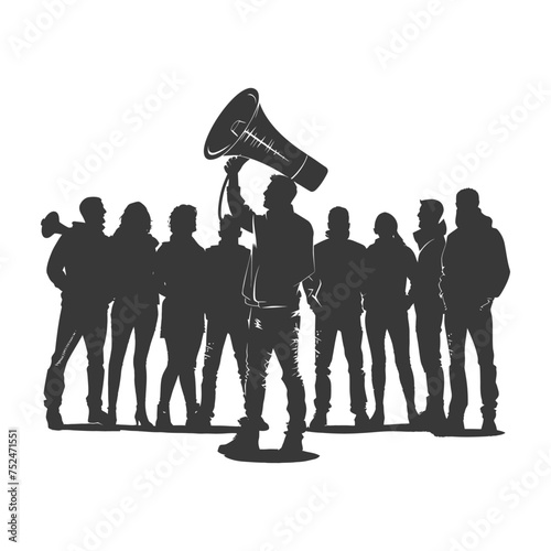 Silhouette demonstrators holding loudspeaker alone black color only