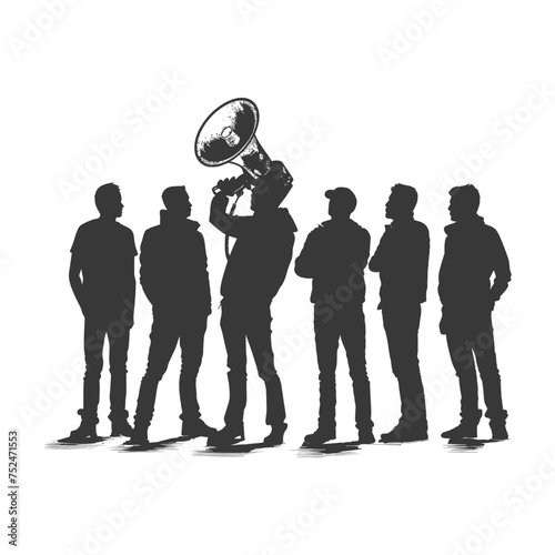 Silhouette demonstrators holding loudspeaker alone black color only