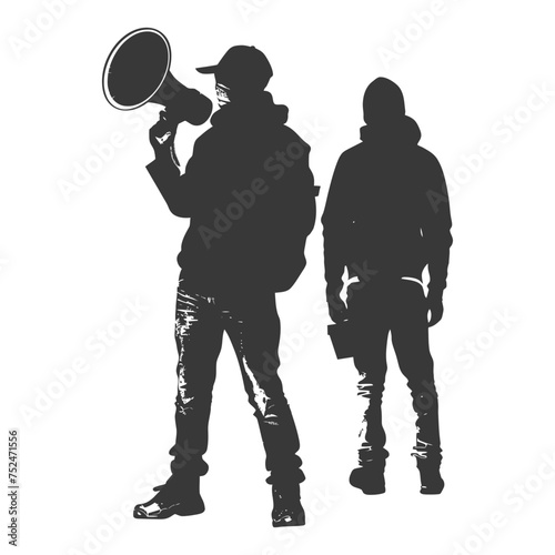 Silhouette demonstrators holding loudspeaker alone black color only