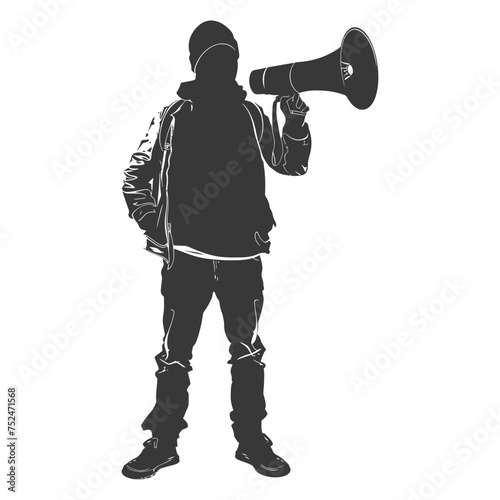 Silhouette demonstrators holding loudspeaker alone black color only