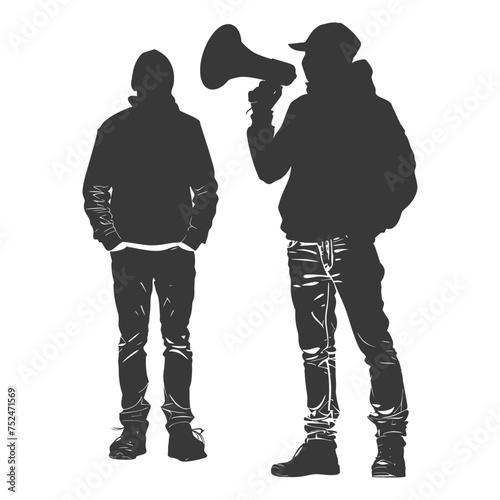 Silhouette demonstrators holding loudspeaker alone black color only
