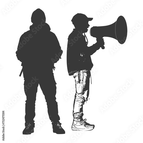 Silhouette demonstrators holding loudspeaker alone black color only