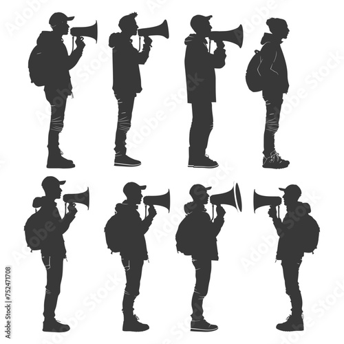 Silhouette demonstrators holding loudspeaker black color only