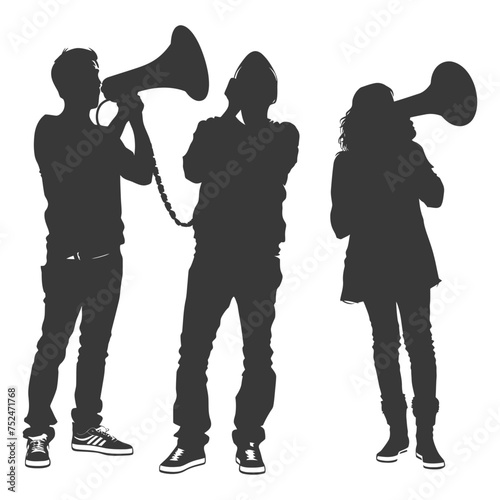 Silhouette demonstrators holding loudspeaker black color only