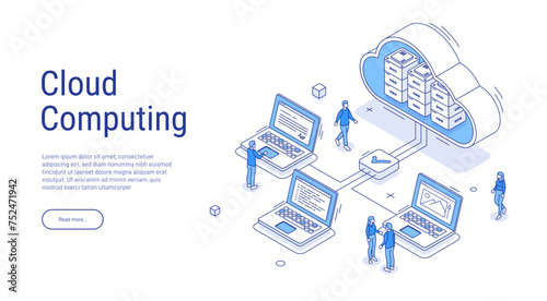 Cloud storage upload, download information. Data in database on cloud services. Digital service or app with data transfering. Online computing technology. 3d servers and datacenter connection network.