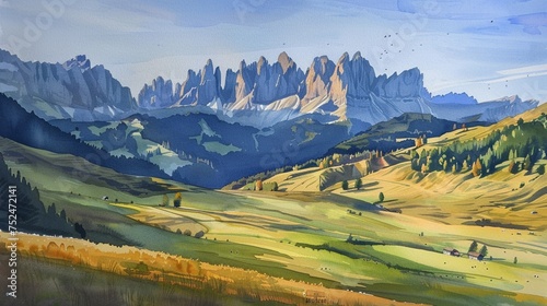 View of the Seiser Alm, bathed in the golden light of the setting sun, casting long shadows of the peaks on the meadows below, a sense of tranquility as the day fades into dusk