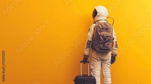 Astronaut with a travel suitcase and backpack in yellow background photo
