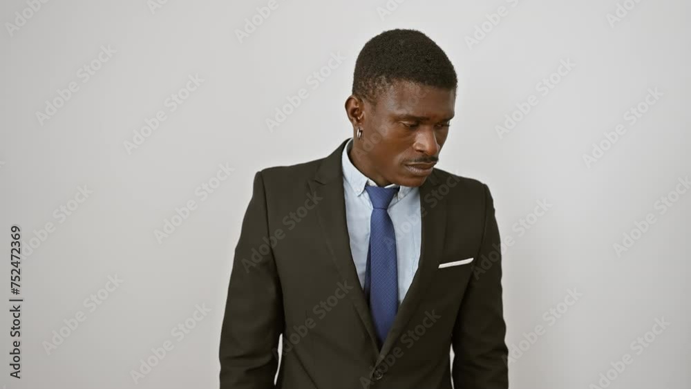 Nervous, skeptic african american man in business suit expressing negative emotion, frowning with upset face over a problem. isolated on white background, a thoughtful yet displeased lifestyle.