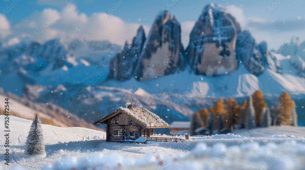 View of the Seiser Alm during a gentle snowfall, the landscape transformed into a winter wonderland, the Sassolungo and Sassopiatto peaks adorned with a fresh coat of snow