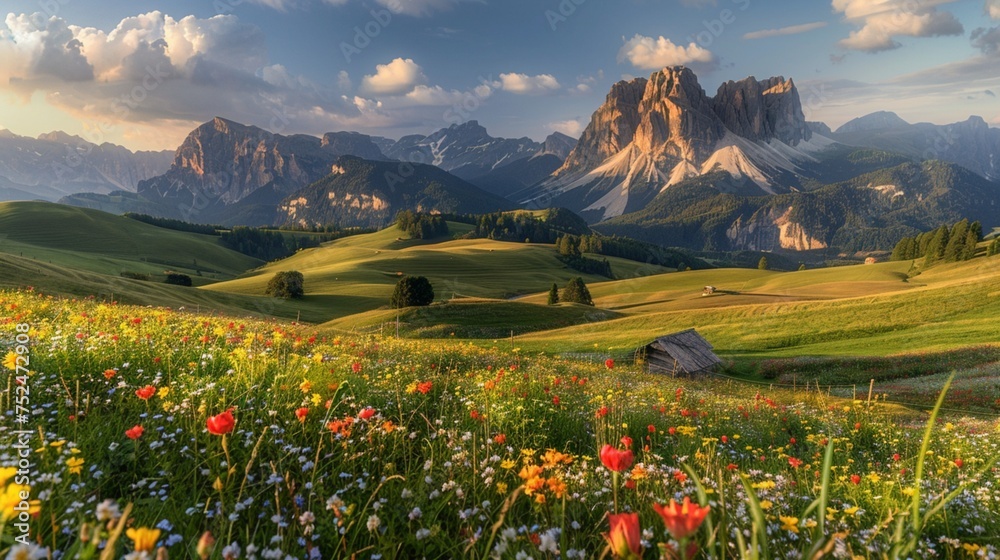 View of the Seiser Alm, with Sassolungo and Sassopiatto peaks towering in the background, rolling hills carpeted with vibrant wildflowers leading to the majestic mountains