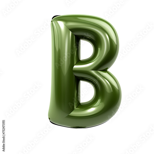 Olive green metallic B alphabet balloon Realistic 3D on white background.