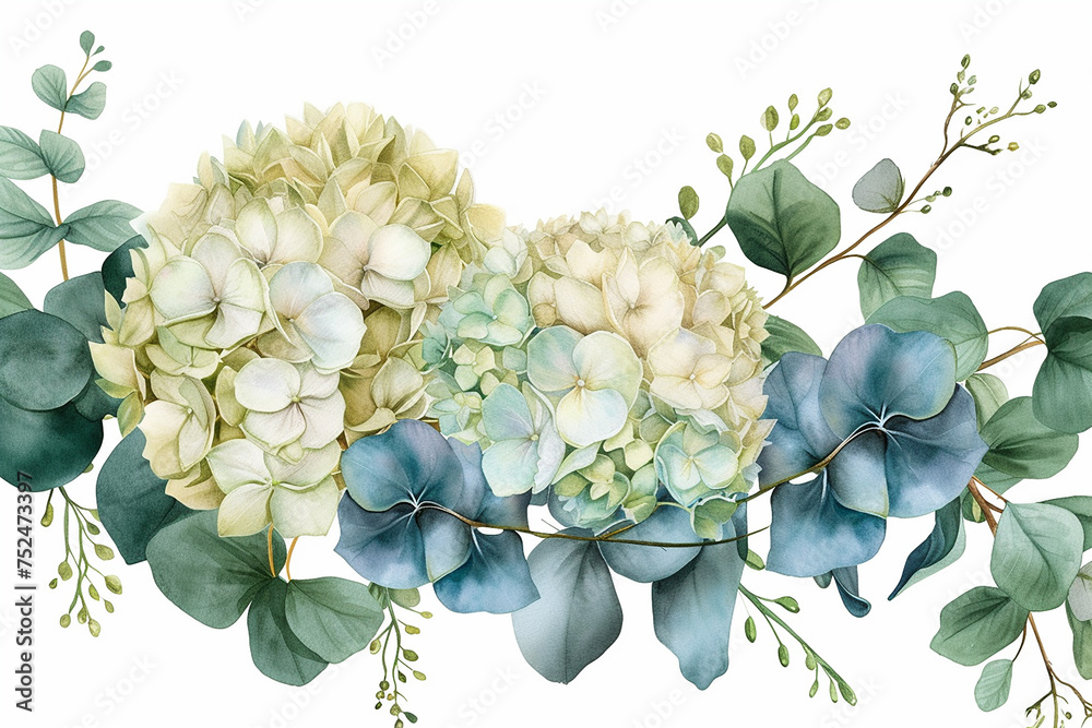 Beautiful vintage floral vector bouquet of blooming hydrangea and garden flowers, botanical natural hydrangea Illustration on white. Summer floral hydrangea greeting card in watercolor style - obrazy, fototapety, plakaty 